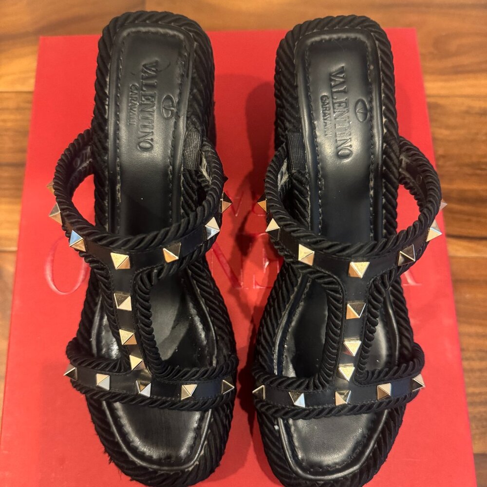 Women's Valentino Rockstud 90 Leather & Rope Wedge Sandal-Black, Size 38